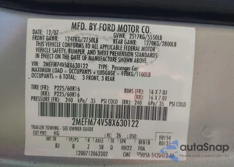 2008 Mercury Grand Marquis Gs from USA, damaged, VIN 2MEFM74V58X630122